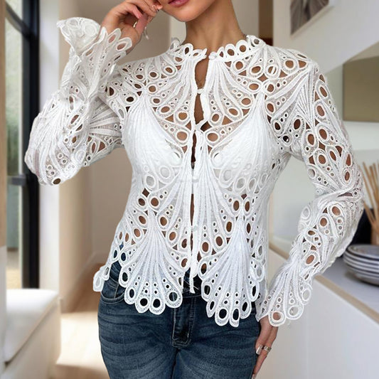 Turn heads in this sexy lace hollow-out blouse featuring button front, round neck, and flared sleeves. Perfect for clubbing, parties, and date nights.