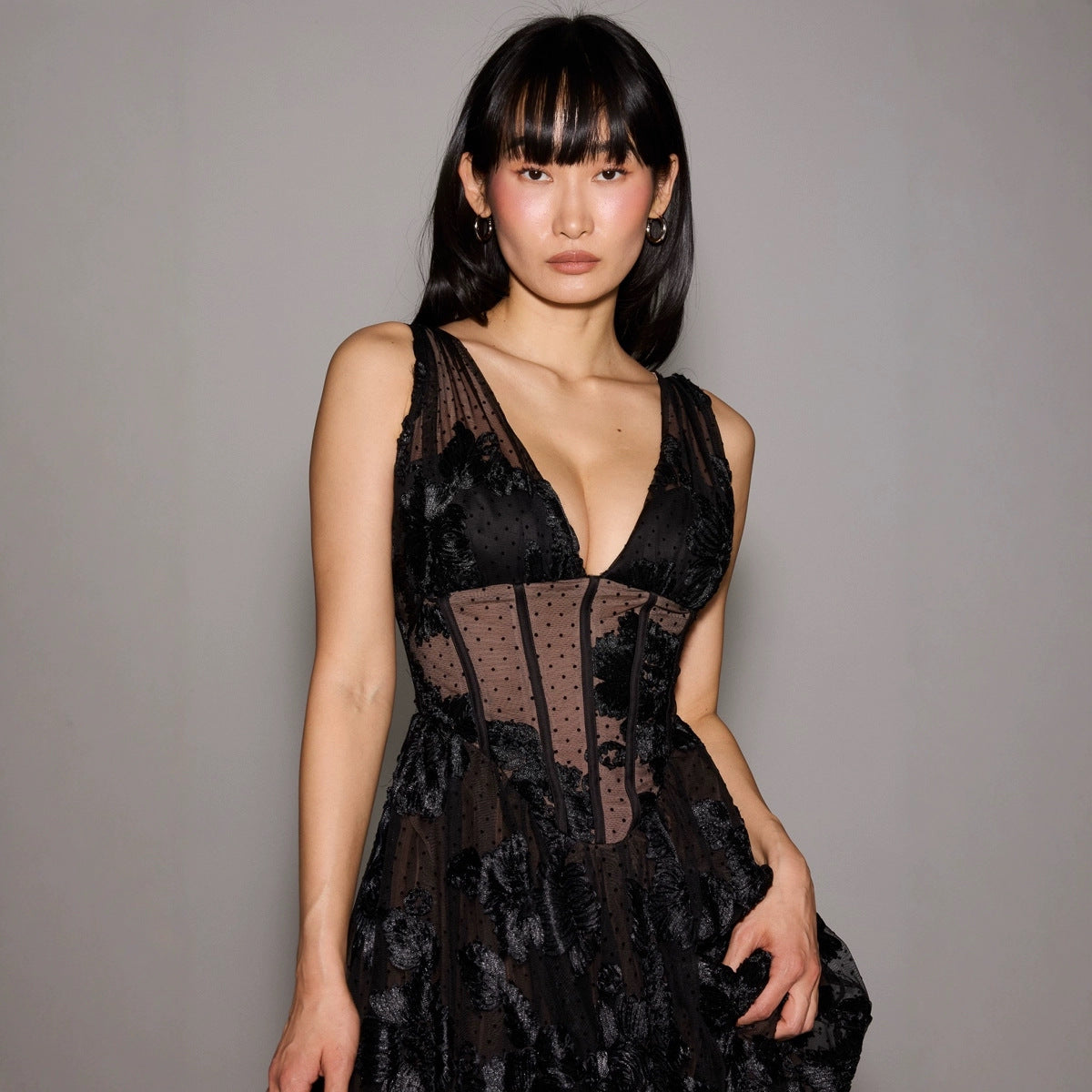 Black Lace Long Dress with Zipper – Mid Waist – XS to XXXL
