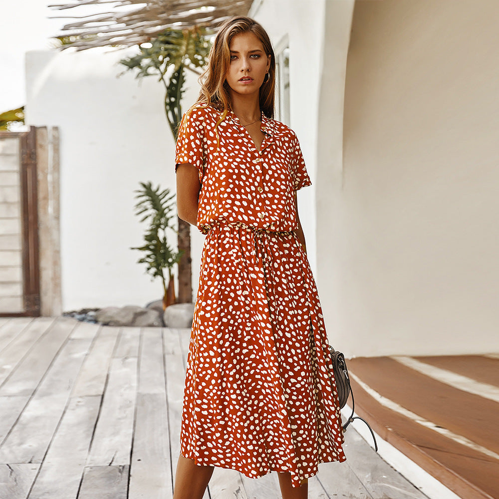 Polka Dot High Waist Dress – Short Sleeve Cotton Rayon Printed Dress