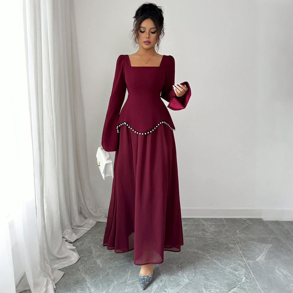 Women's Purplish Red Bell Sleeve Midi Dress – Elegant Mid Waist Long Sleeve Dress