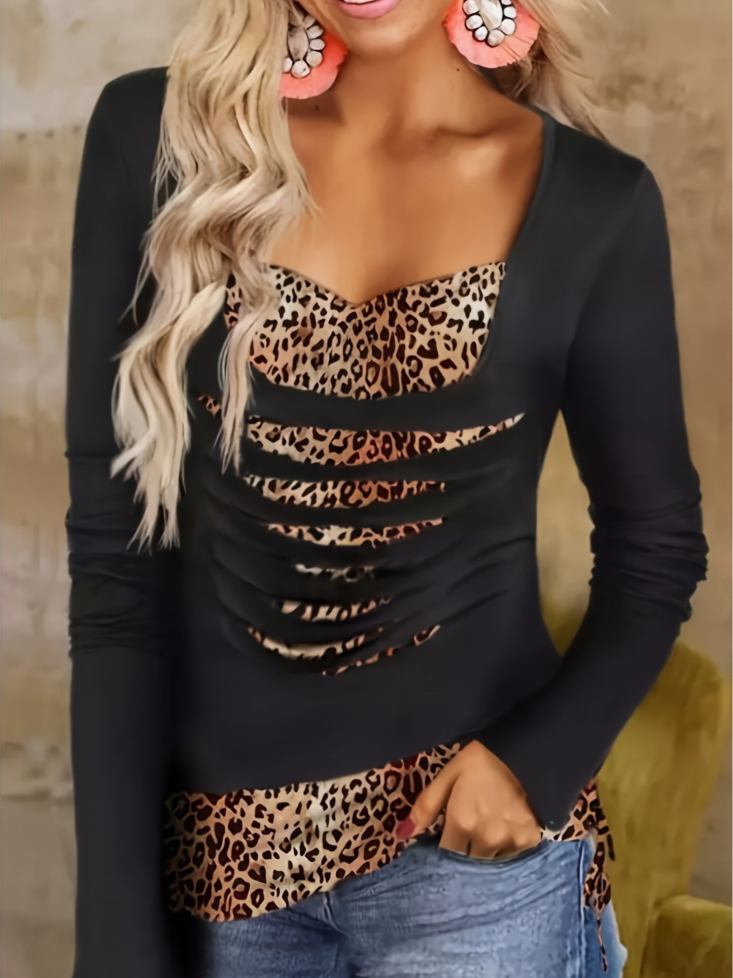 Self-pick-up Plus Size Women'S Burnt Flower Printed Fake 2pcs Long Sleeve T-Shirt  Only Self-pickup Is Supported