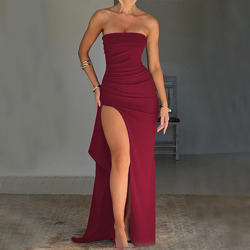 Backless Tube Top A-Line Maxi Dress – Sleeveless High Waist Evening Dress