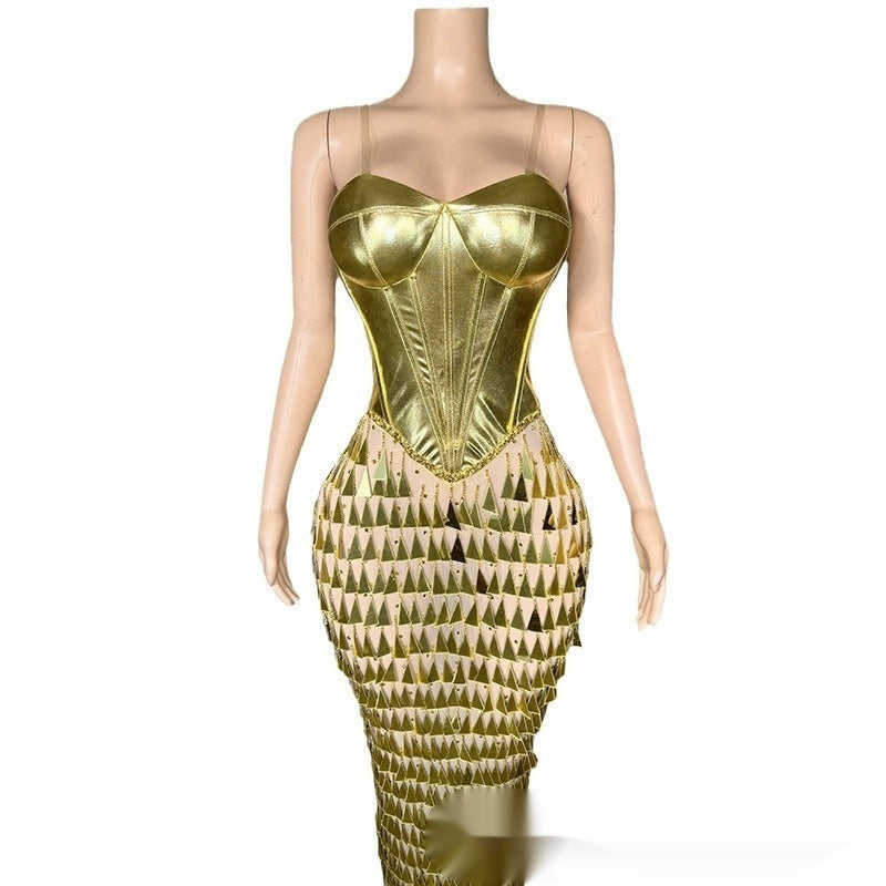 Gold Floor-Length Sleeveless Party Dress with Diamond Detailing