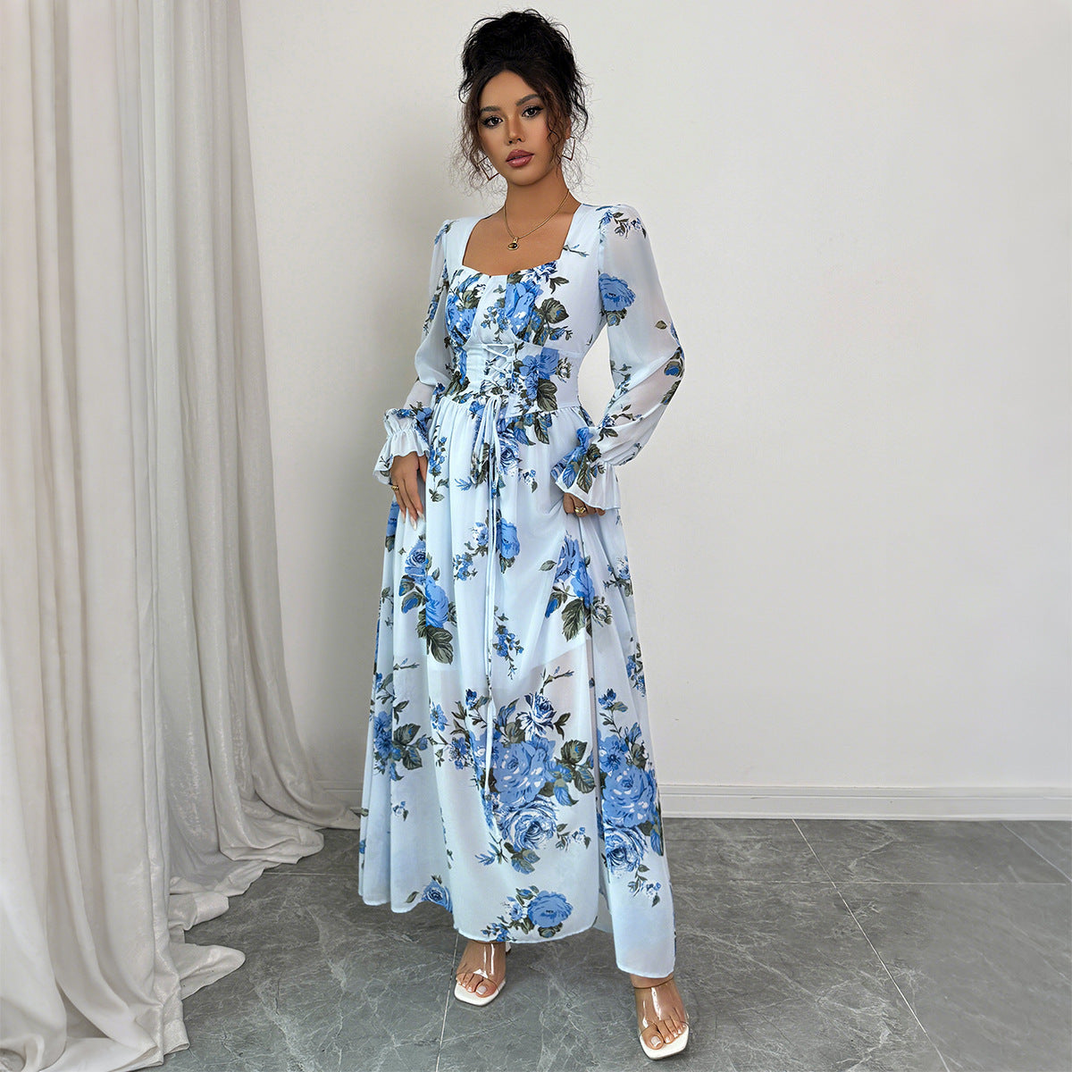 Women's Blue Floral Print Long Sleeve Dress – Mid Waist Elegant Casual Dress
