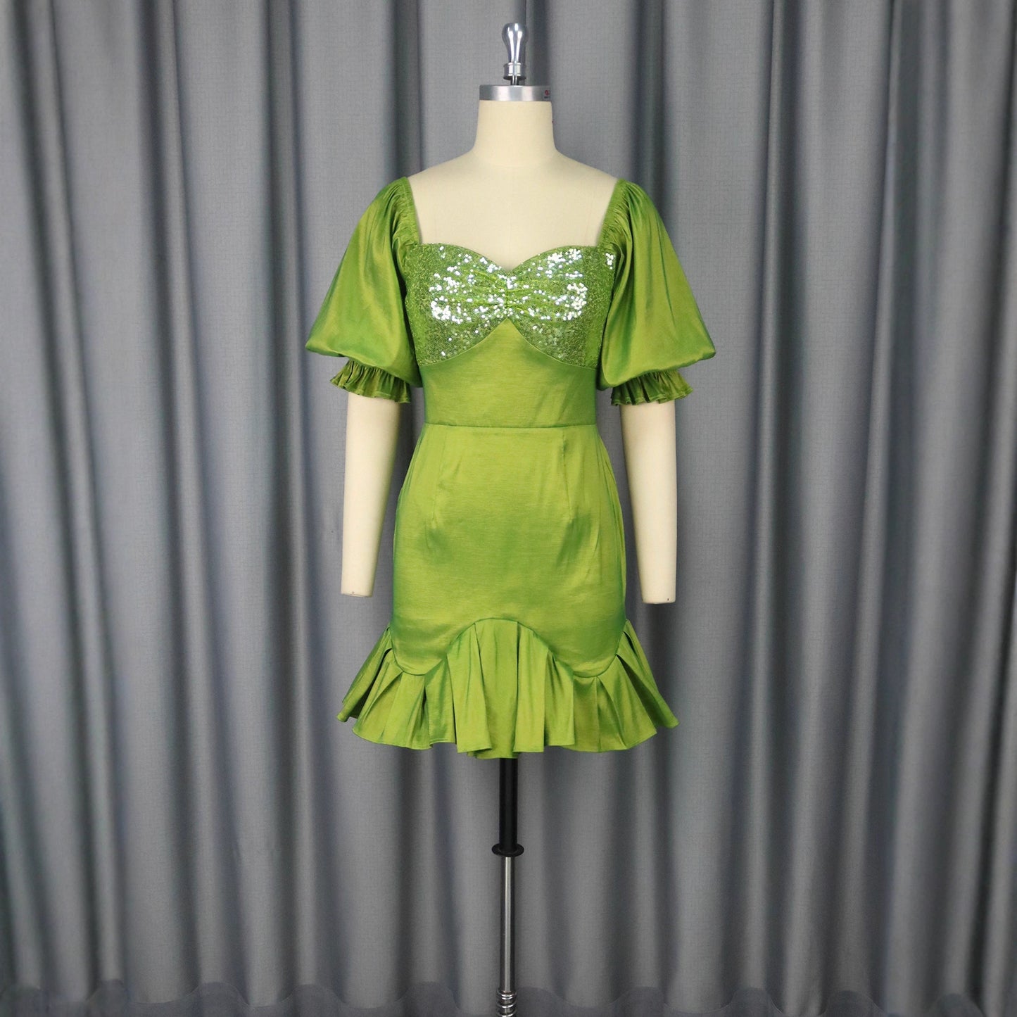 Elegant Mustard Green High-Waist Puff Sleeve Dress – Short Hip Skirt