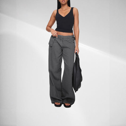 European & American Style Dark Wide-Leg Jeans with Unique Belt Buckle, Asymmetric Pocket, and Trendy Streetwear Vibe