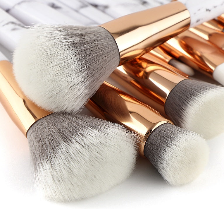 15-Piece Professional Makeup Brush Set – White Marble Handle, Horse & Synthetic Hair