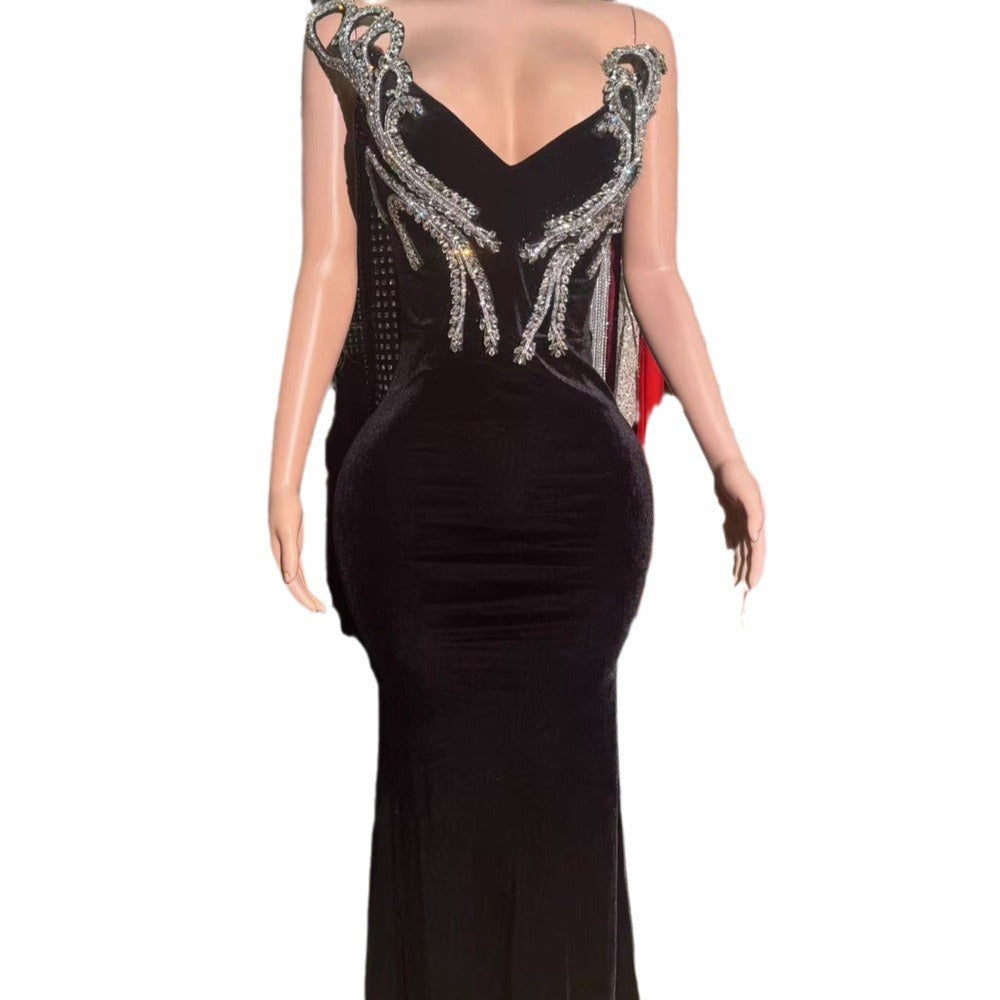 Elegant Black Character Print Sleeveless Tight Long Dress – Mid Waist