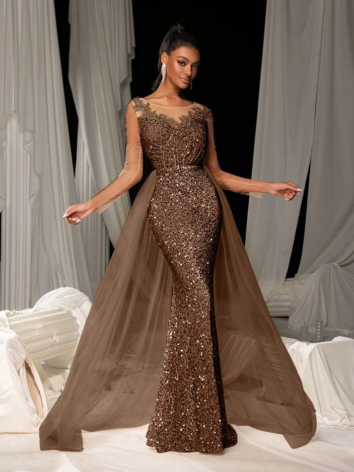 Elegant Long Sleeve Mid-Waist Long Dress