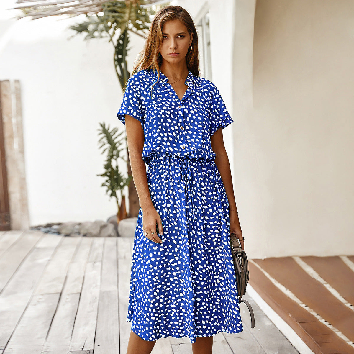 Polka Dot High Waist Dress – Short Sleeve Cotton Rayon Printed Dress