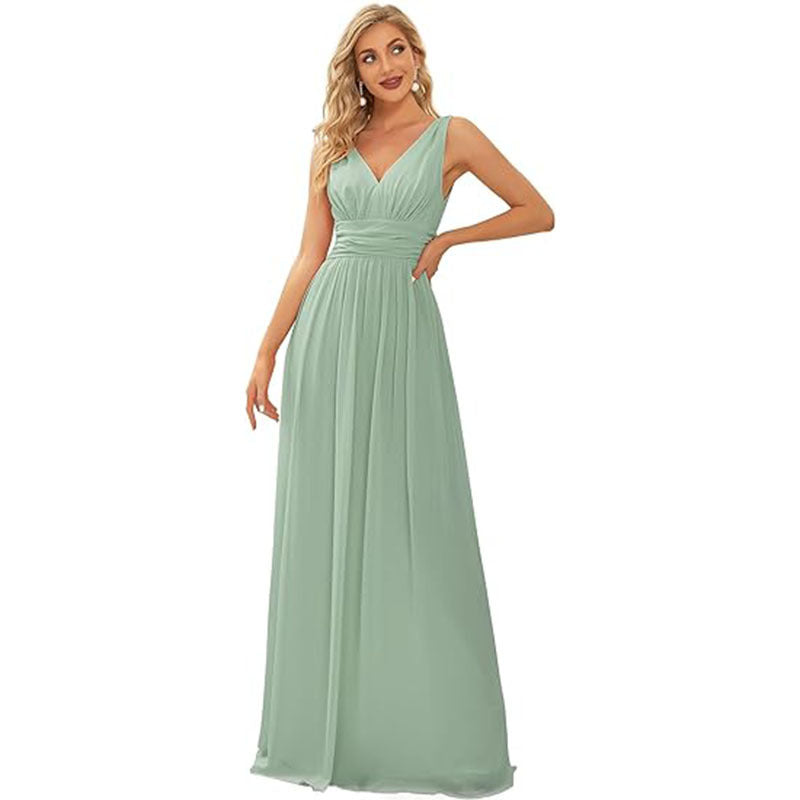 Sleeveless Mid-Waist Long Wedding Dress with Embroidery