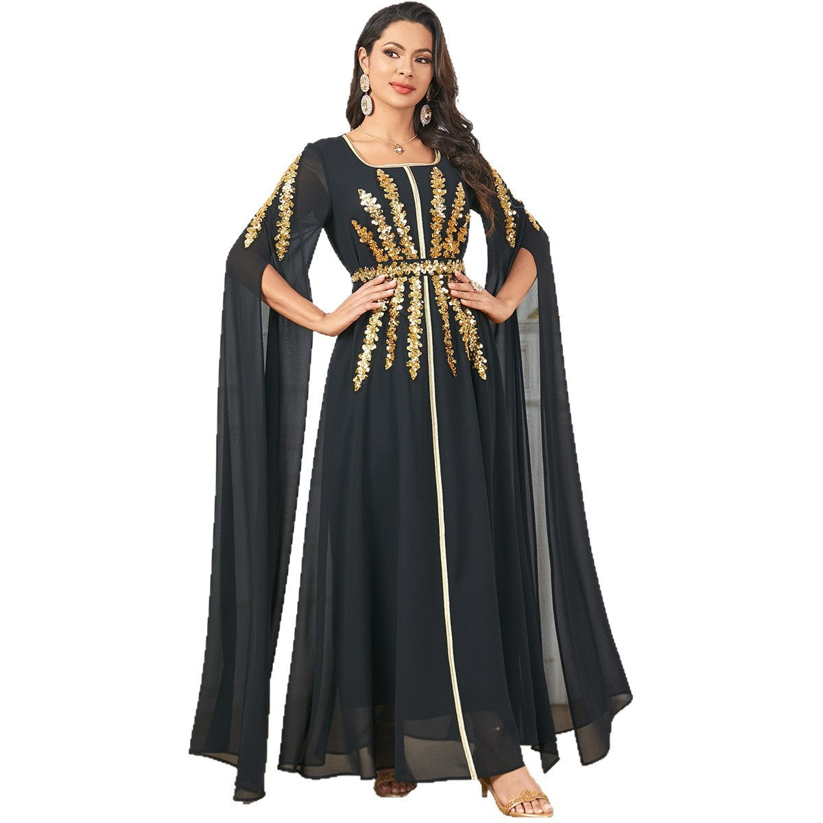 Chiffon Long Dress with Split Sleeves – Red / Black, M to XXL