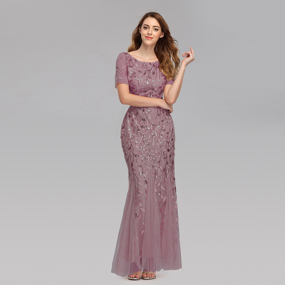Elegant Lace & Embroidered Round Neck Floor-Length Dress