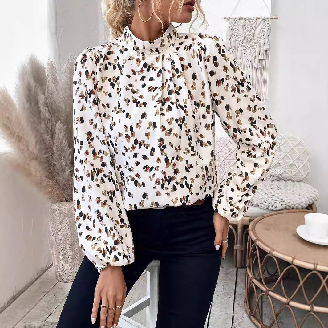 Women's White Lantern Sleeve Blouse Elegant Long Sleeve Polyester Top