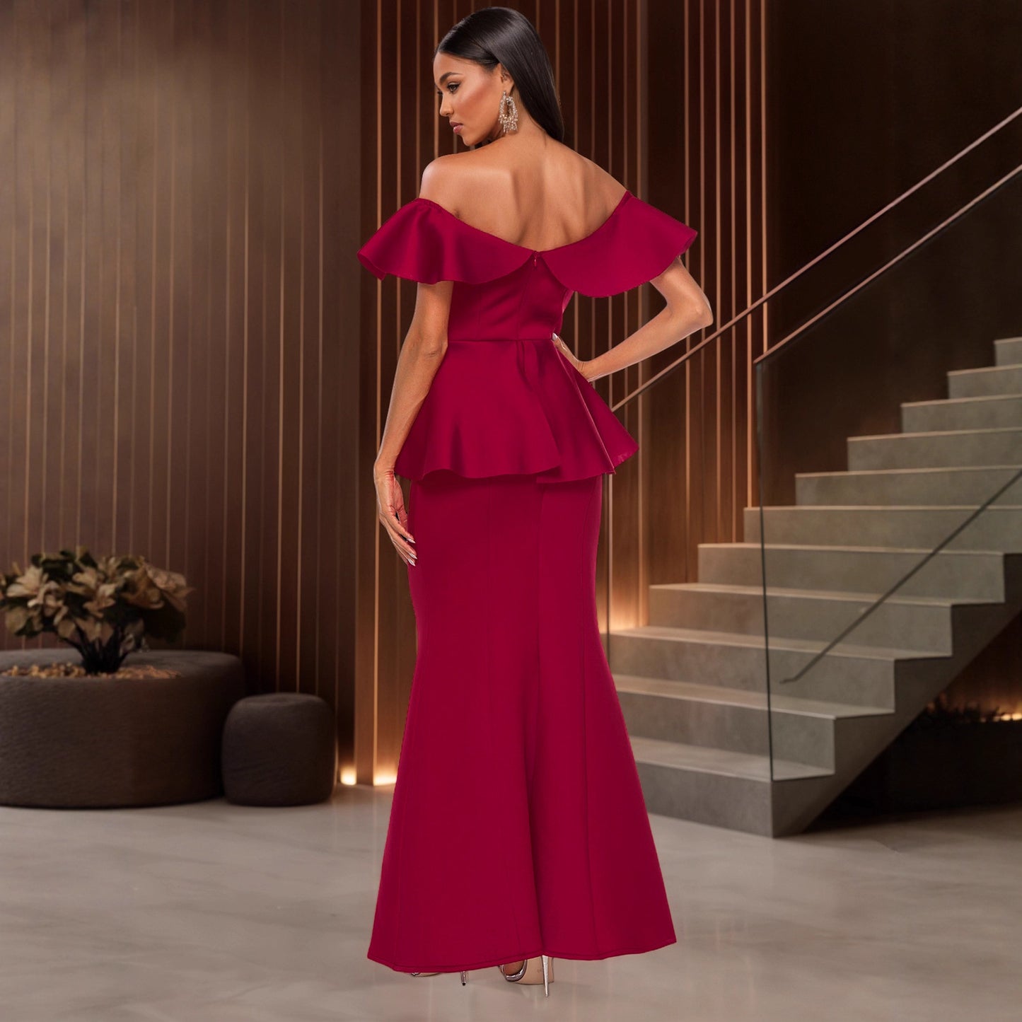 Elegant Red Fishtail High-Waist Tube Dress with Ruffle Sleeves – S to XXL