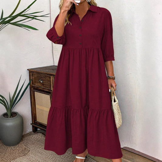 Elegant wine red swing dress with a long skirt and European-American style. Made from polyester. Available in plus sizes XL–4XL. Perfect for formal or casual wear