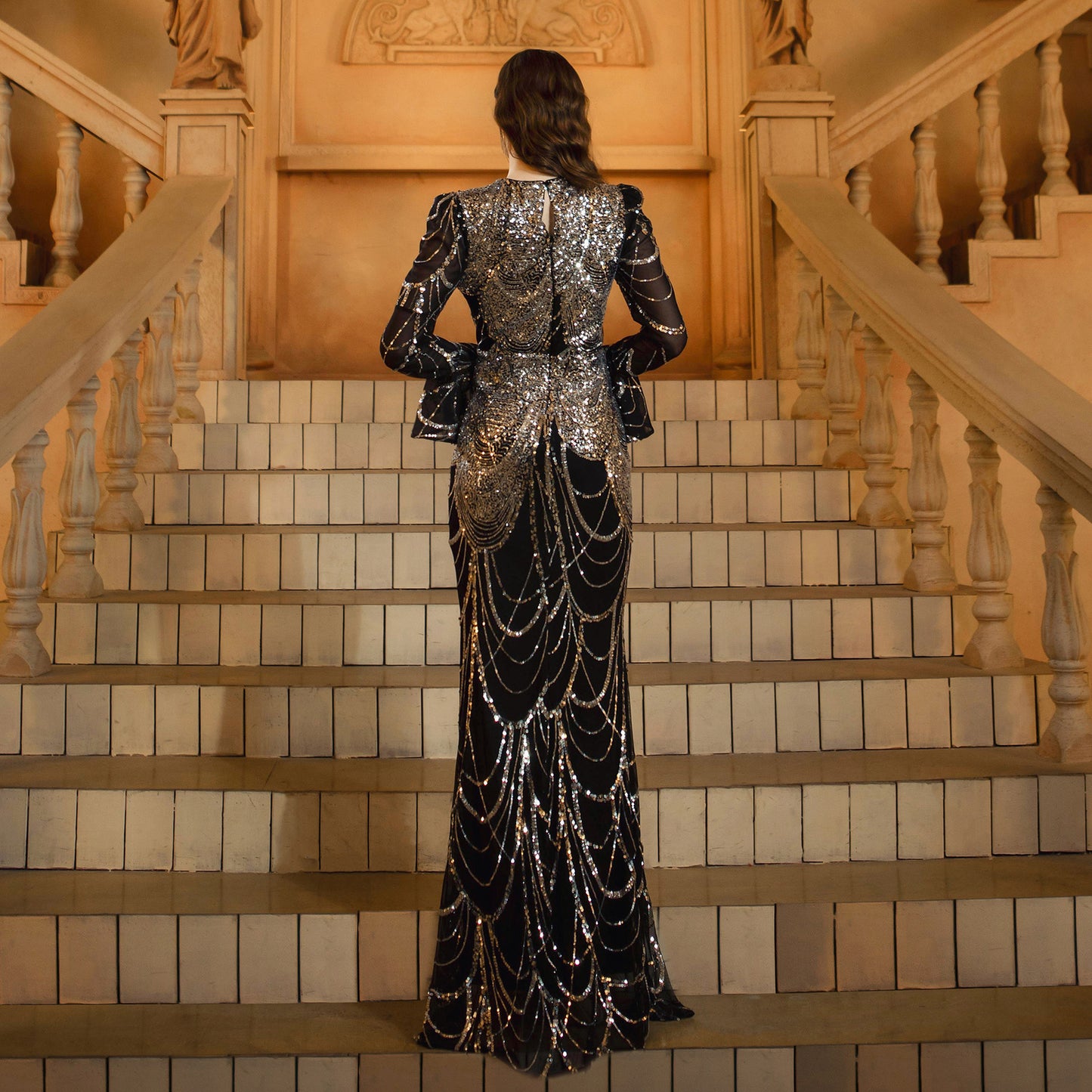 Black & Silver Sequin High-Waist Long Sleeve Evening Dress