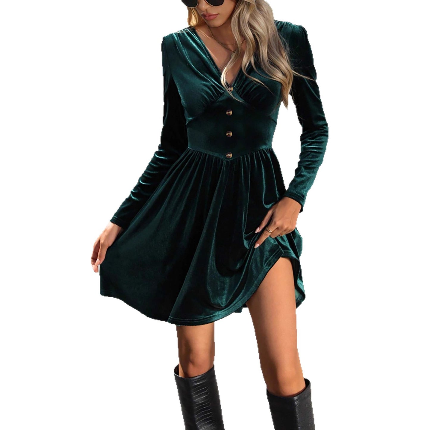 Dark Green Velvet A-Line Dress – Elegant Socialite Style Pullover with Fitted Waist