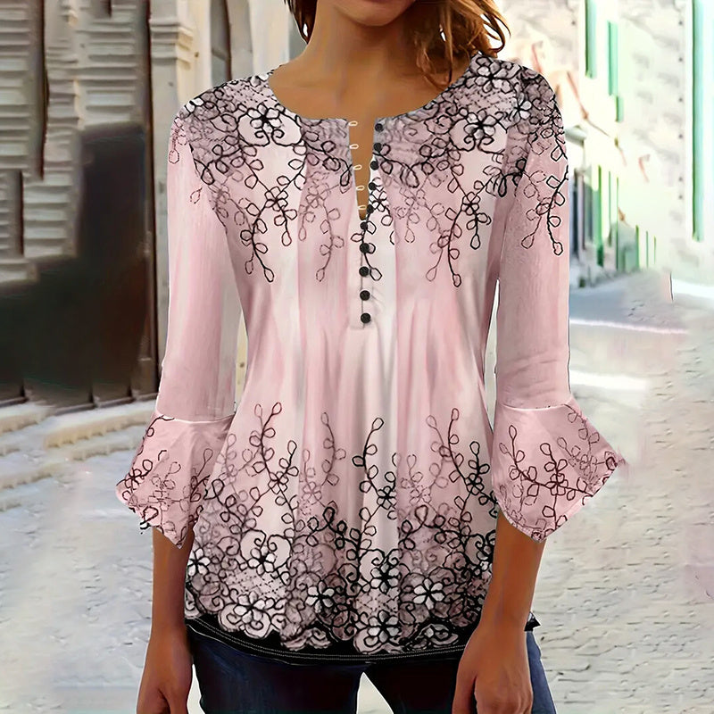 Women's V-Neck 3/4 Sleeve Button Front Tunic Blouse Dressy Casual Tee Top