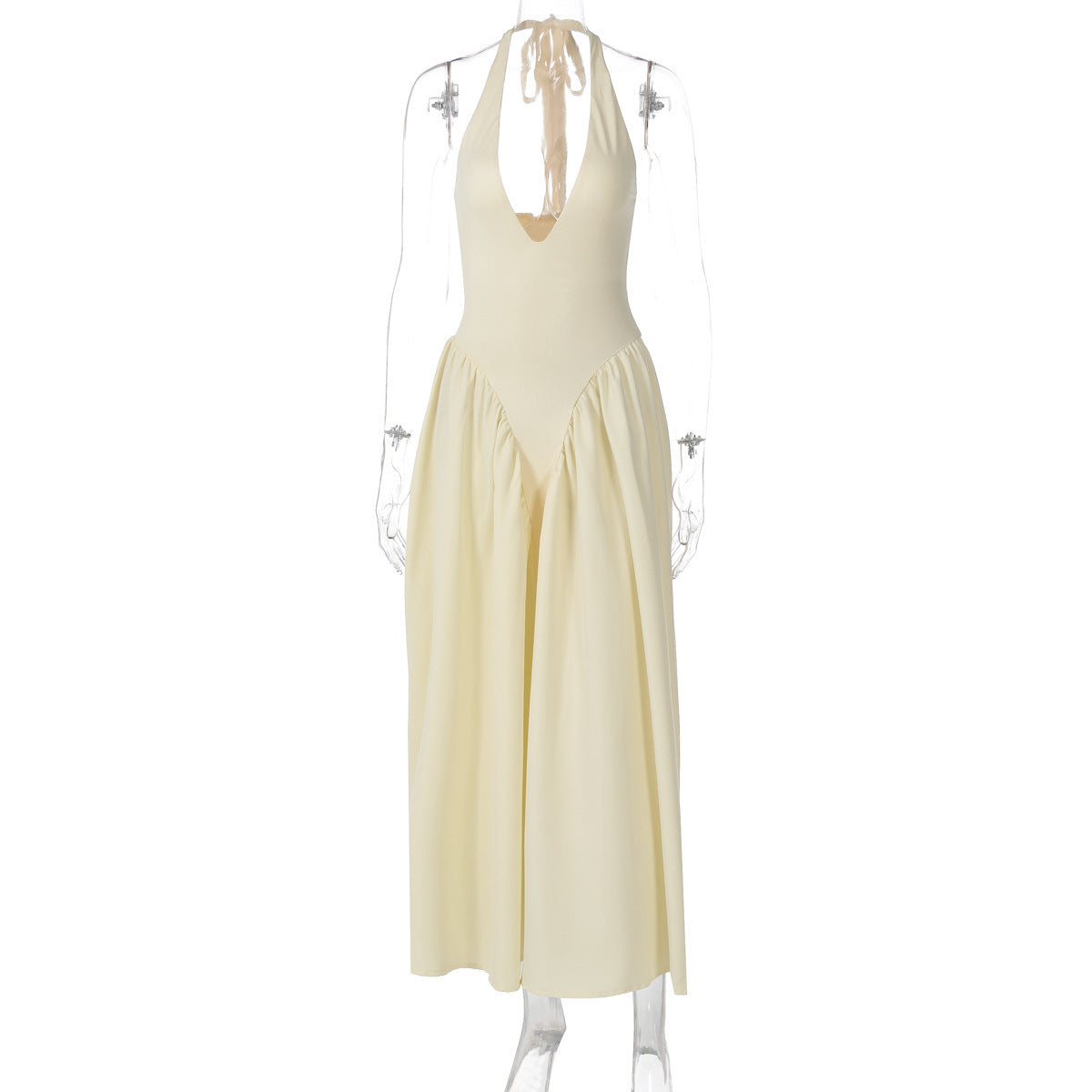 Sexy Deep V-Neck Halter Dress with Hollow Out Detailing – Flared Hem Maxi Dress