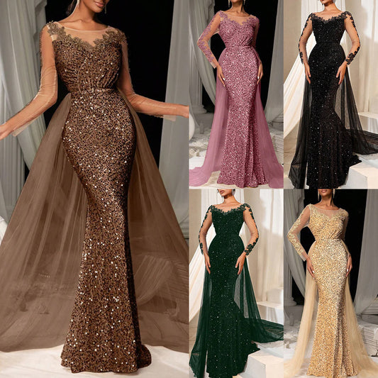 Chic long-sleeve mid-waist dress made from polyester. Available in dark brown, black, dark green, gold, and pink. Sizes S–3XL, perfect for formal or casual occasions.