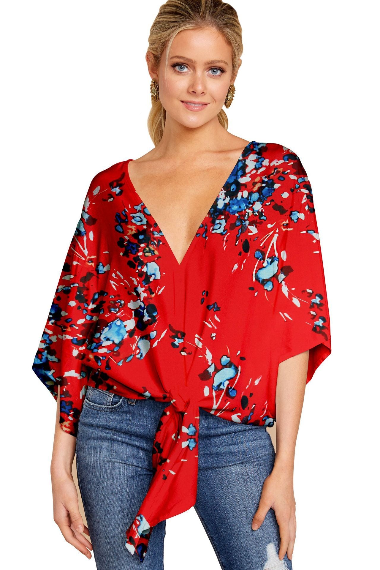 Blouse Leopard Print Shirts Floral Tie Front Blouses Batwing Summer Oversize Ladies Tops