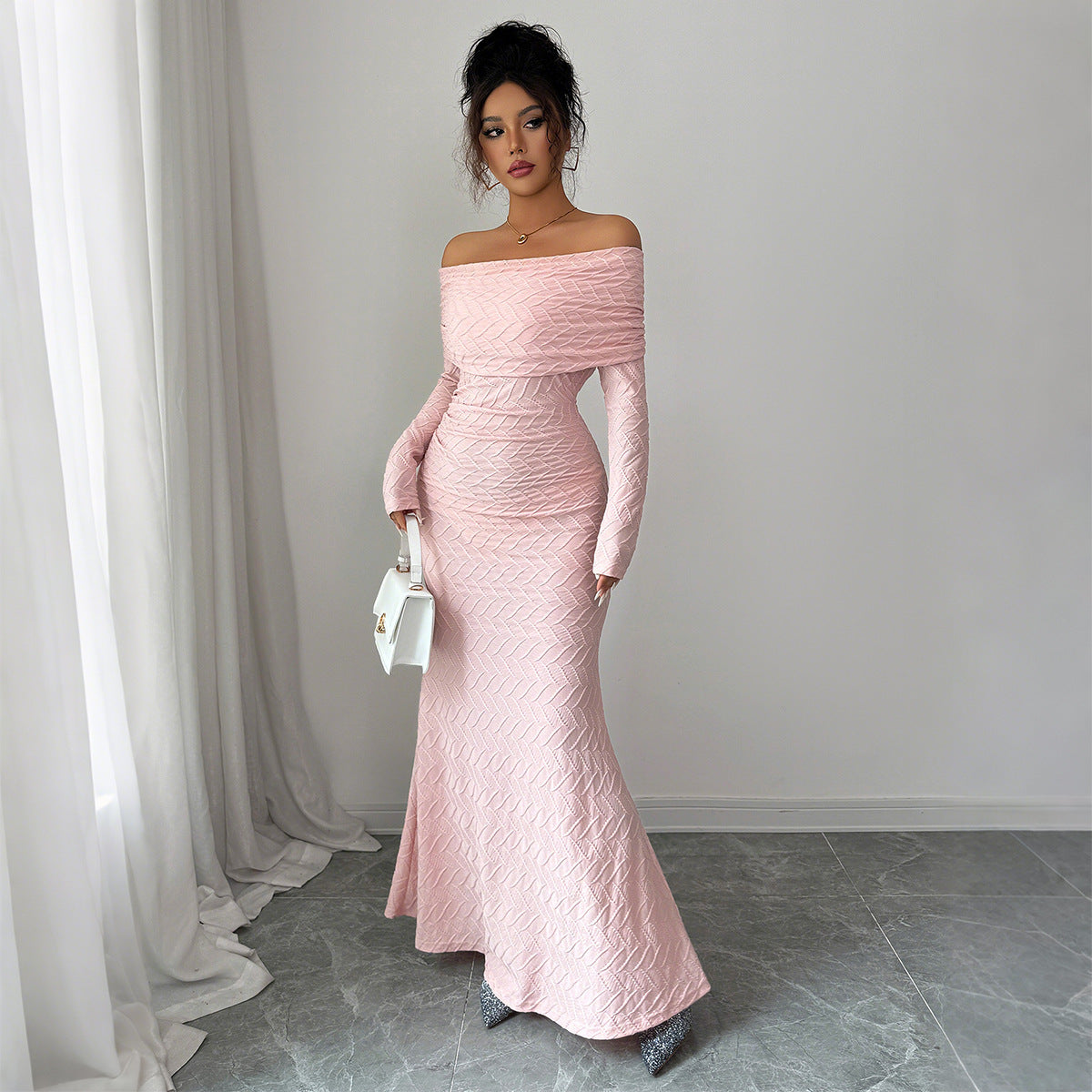 Women's Pink Long Sleeve Pullover Dress – Mid Waist Casual Elegance