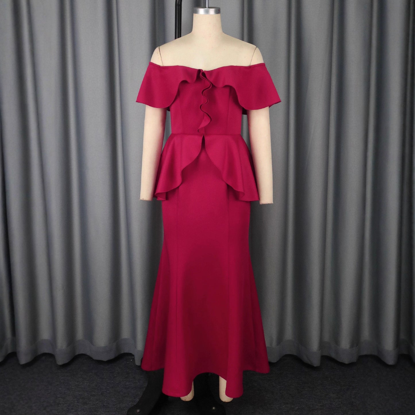 Elegant Red Fishtail High-Waist Tube Dress with Ruffle Sleeves – S to XXL