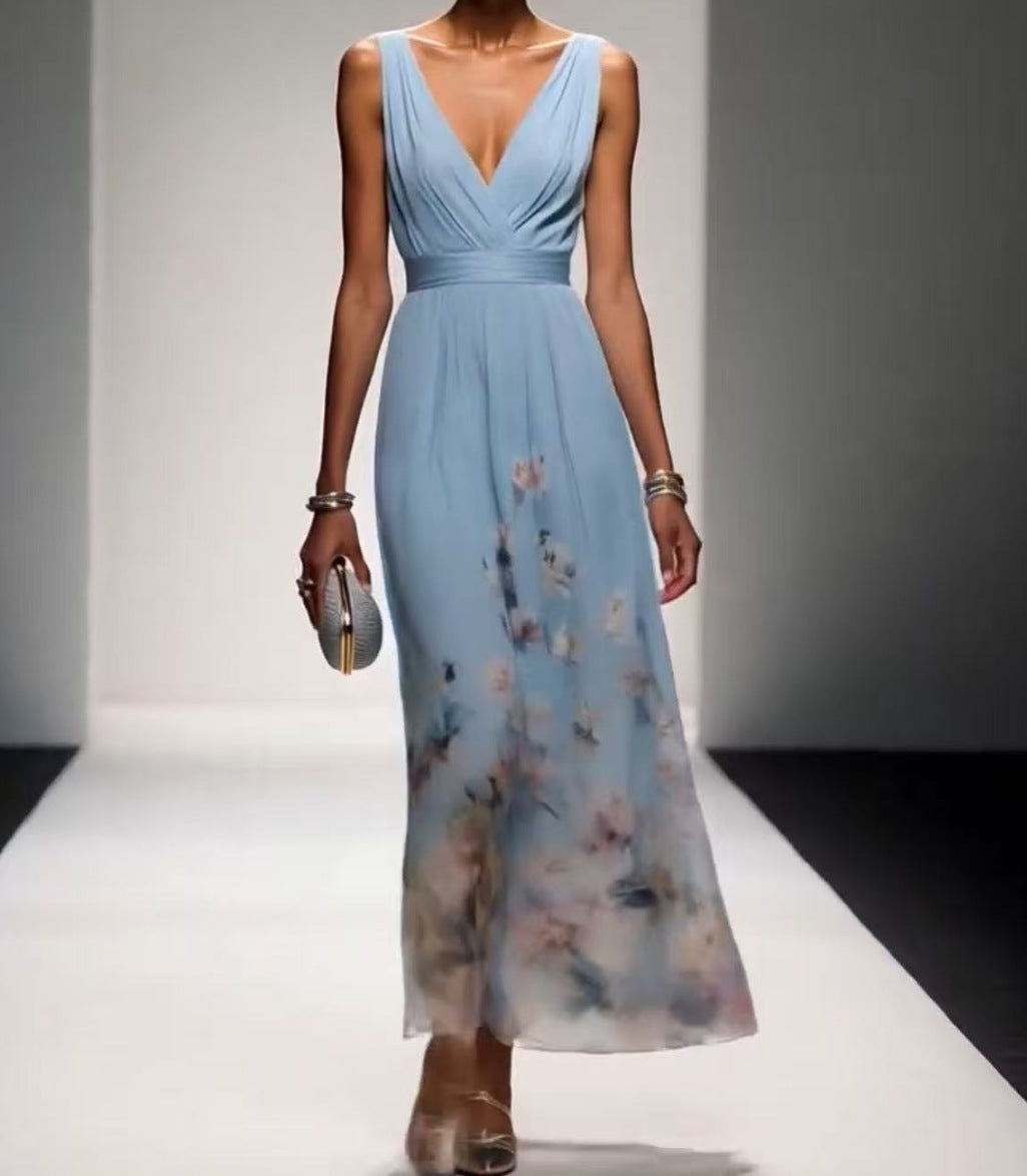 Light Blue High-Waist Sleeveless Long Dress – European & American Style