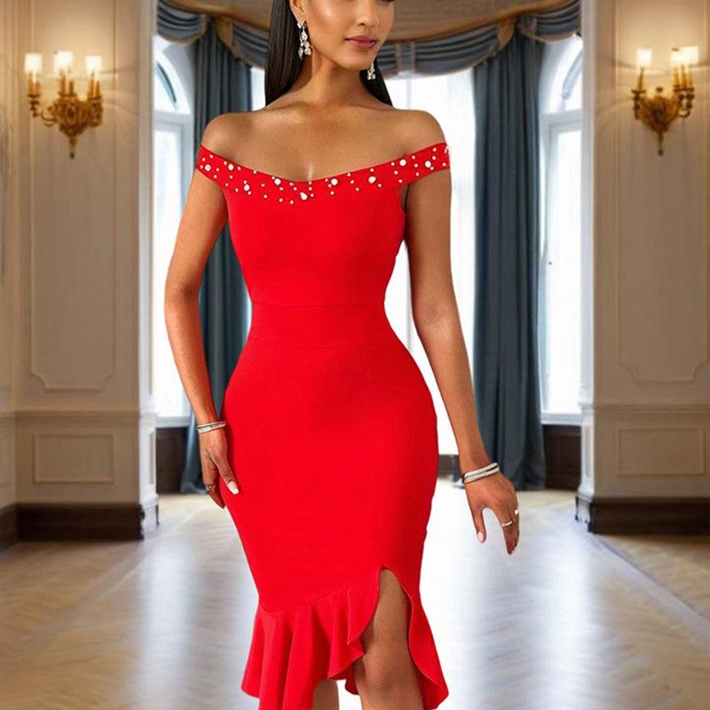 Women's Beaded Off-Shoulder Bodycon Dress – Ruffle Hem High-Slit Midi Dress