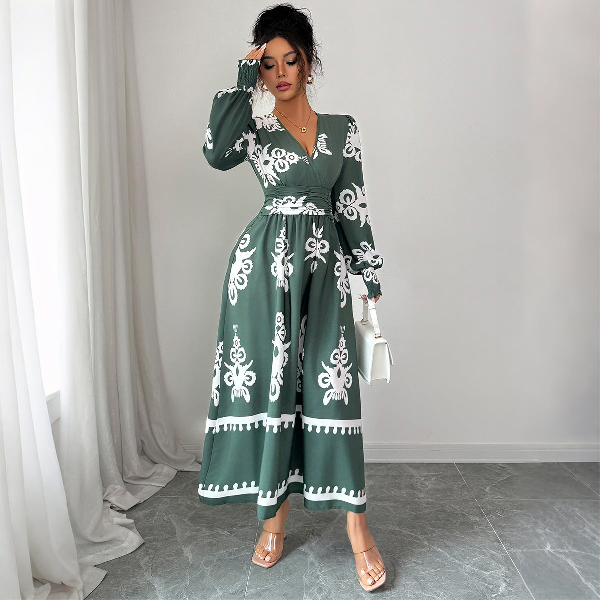 Women's Army Green Ethnic Print Long Sleeve Dress – Mid Waist Boho Style