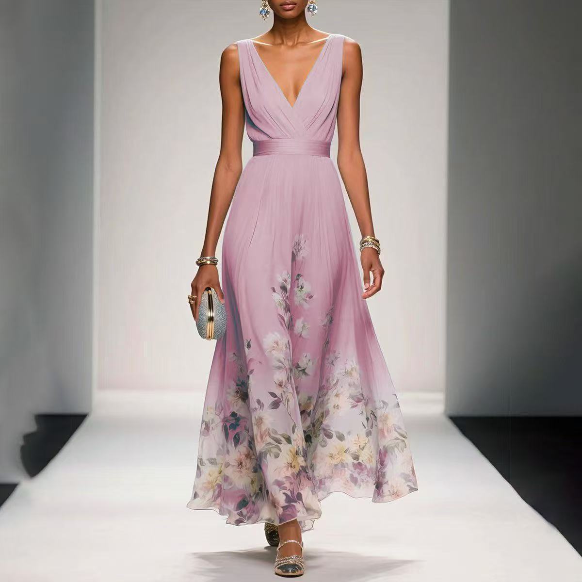 Light Blue High-Waist Sleeveless Long Dress – European & American Style