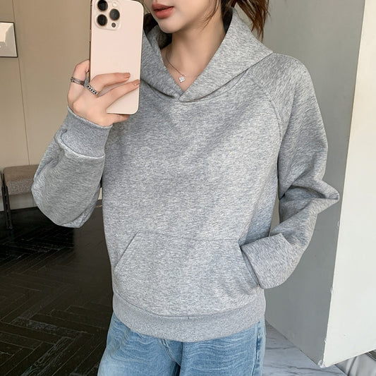 Women’s Solid Color Loose Pullover – Cotton Sweatshirt with Pocket