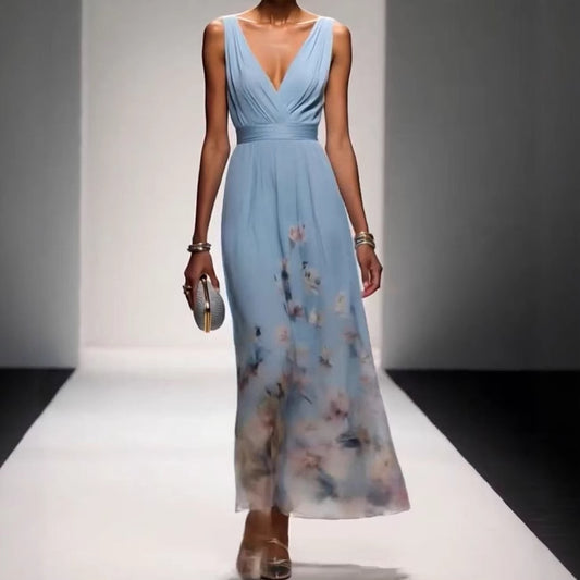 Elegant light blue sleeveless long dress with high-waist fit. European & American style pullover, made from polyester. Sizes S to XXL.
