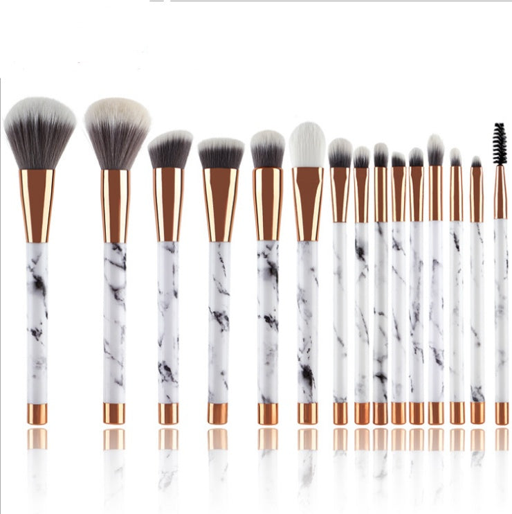 15-Piece Professional Makeup Brush Set – White Marble Handle, Horse & Synthetic Hair