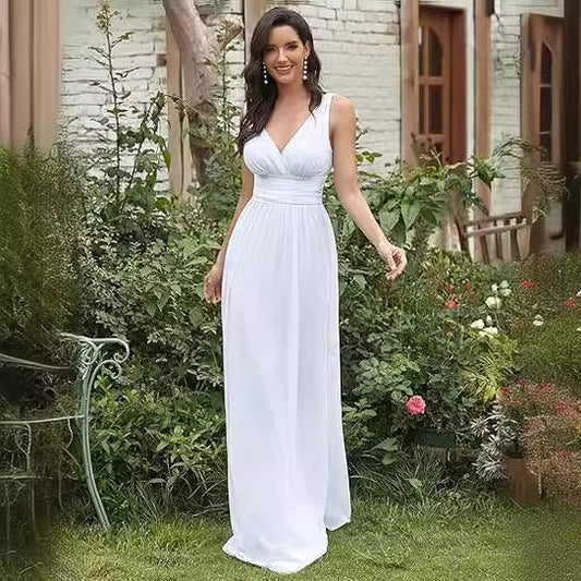 Elegant sleeveless wedding dress with embroidered details and no-back design. Mid-waist fit and long skirt, perfect for brides and formal occasions. Available in US sizes 2–20W.