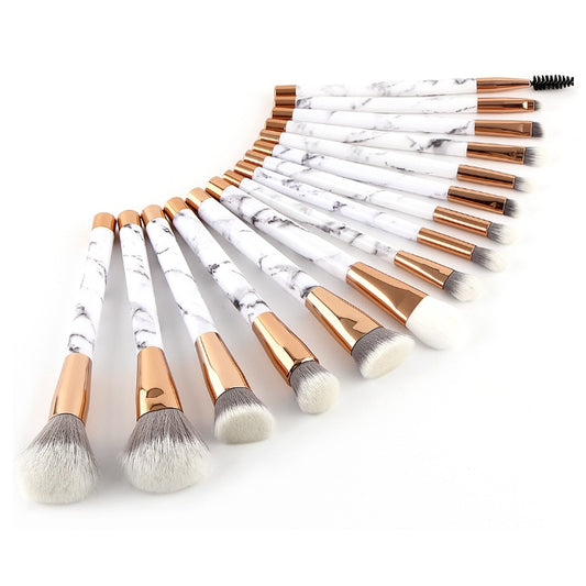 Professional 15-piece makeup brush set with white marble handle and soft horse & synthetic hair. Perfect for foundation, eyeshadow, concealer, blush, brows, and lips. Ideal for both professional and everyday makeup.