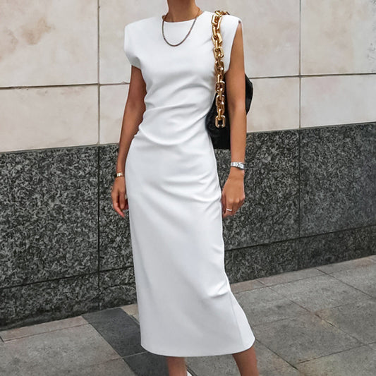 Elegant white high waist tight skirt dress with zipper detail. Solid color, long length, made from polyester. Perfect for work or formal settings. Sizes S–L.