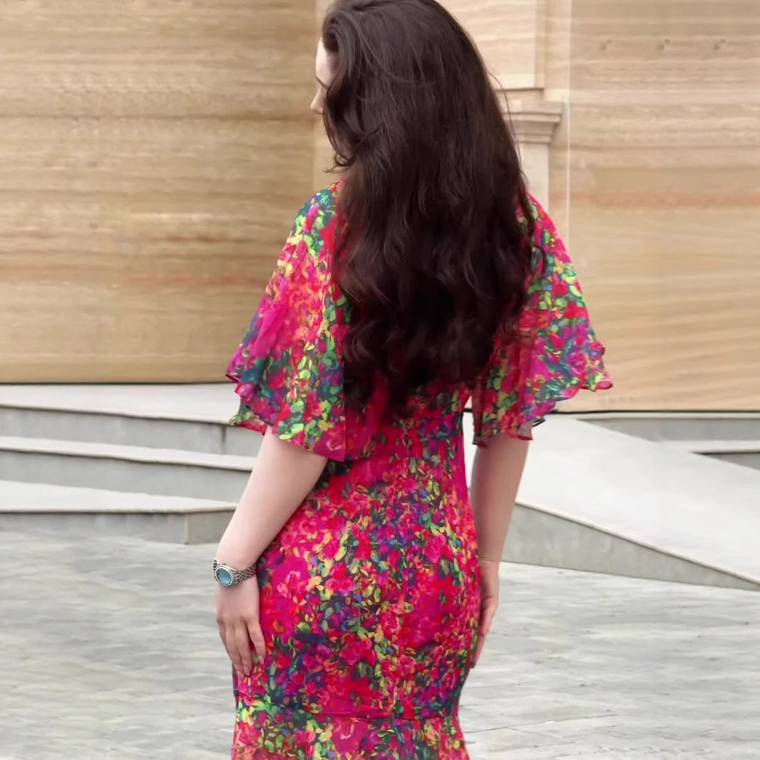 Women's Red Floral Ruffle Sleeve Dress – Sexy Spliced Summer Style