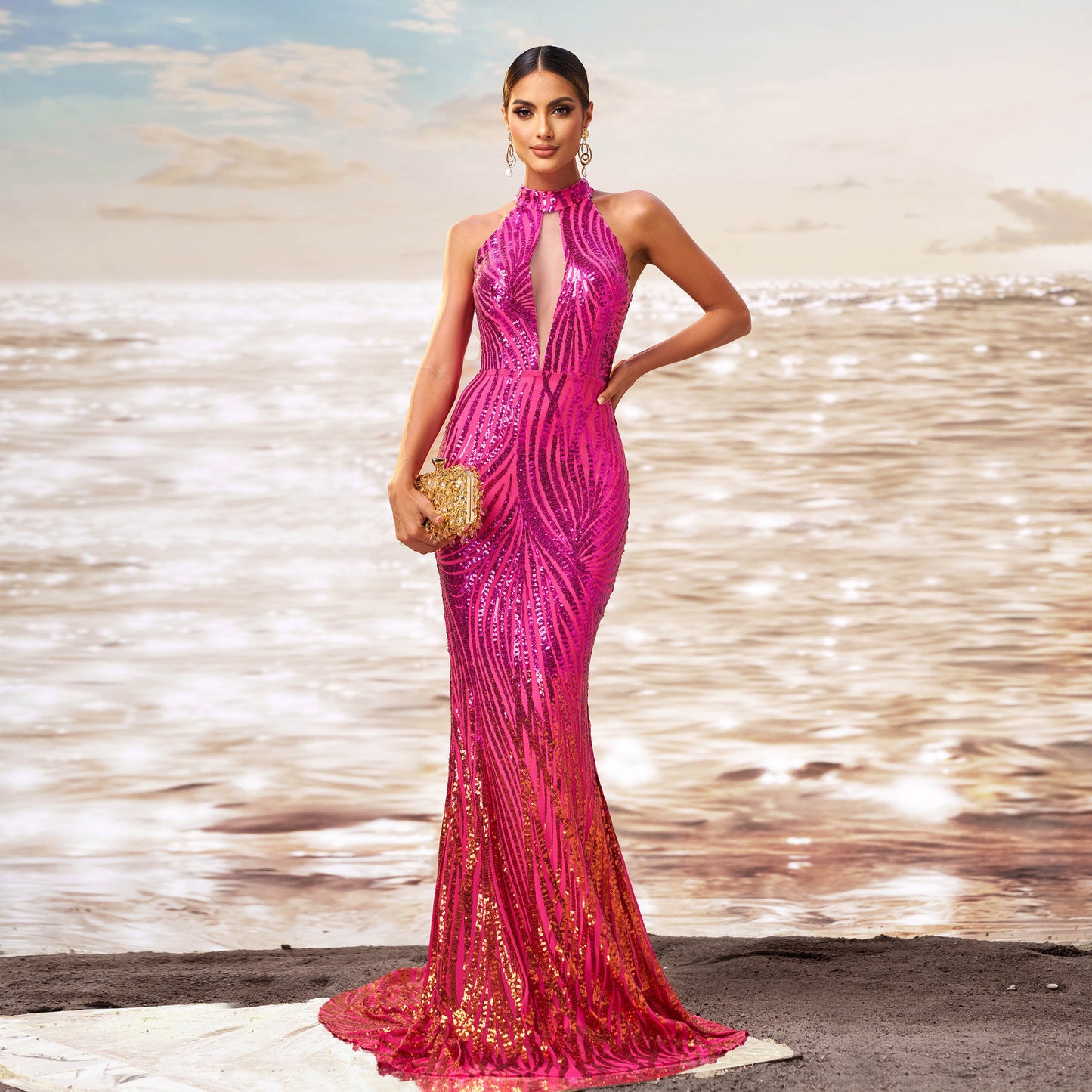 Elegant Rose Red Sequin High-Waist Long Dress