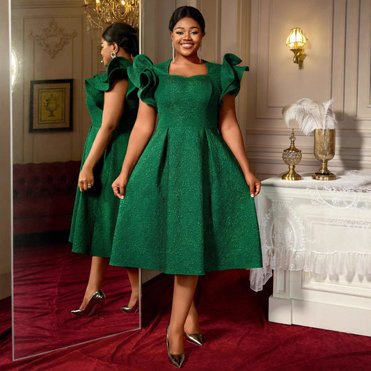 Elegant dark green plus-size socialite dress with ruffled sleeves, crafted in jacquard polyester. Perfect for parties and special occasions.