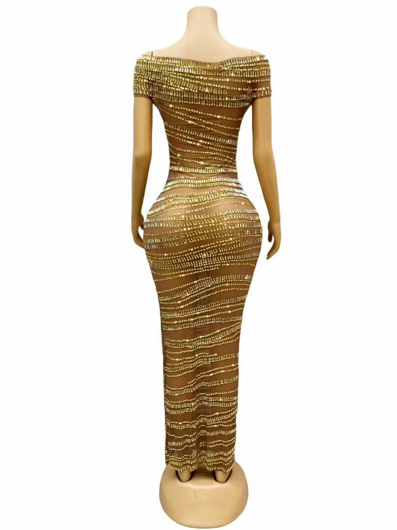 Gold Hip Skirt Long Dress with Rhinestones – European & American Style
