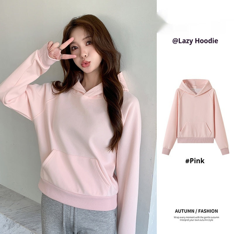 Women’s Solid Color Loose Pullover – Cotton Sweatshirt with Pocket