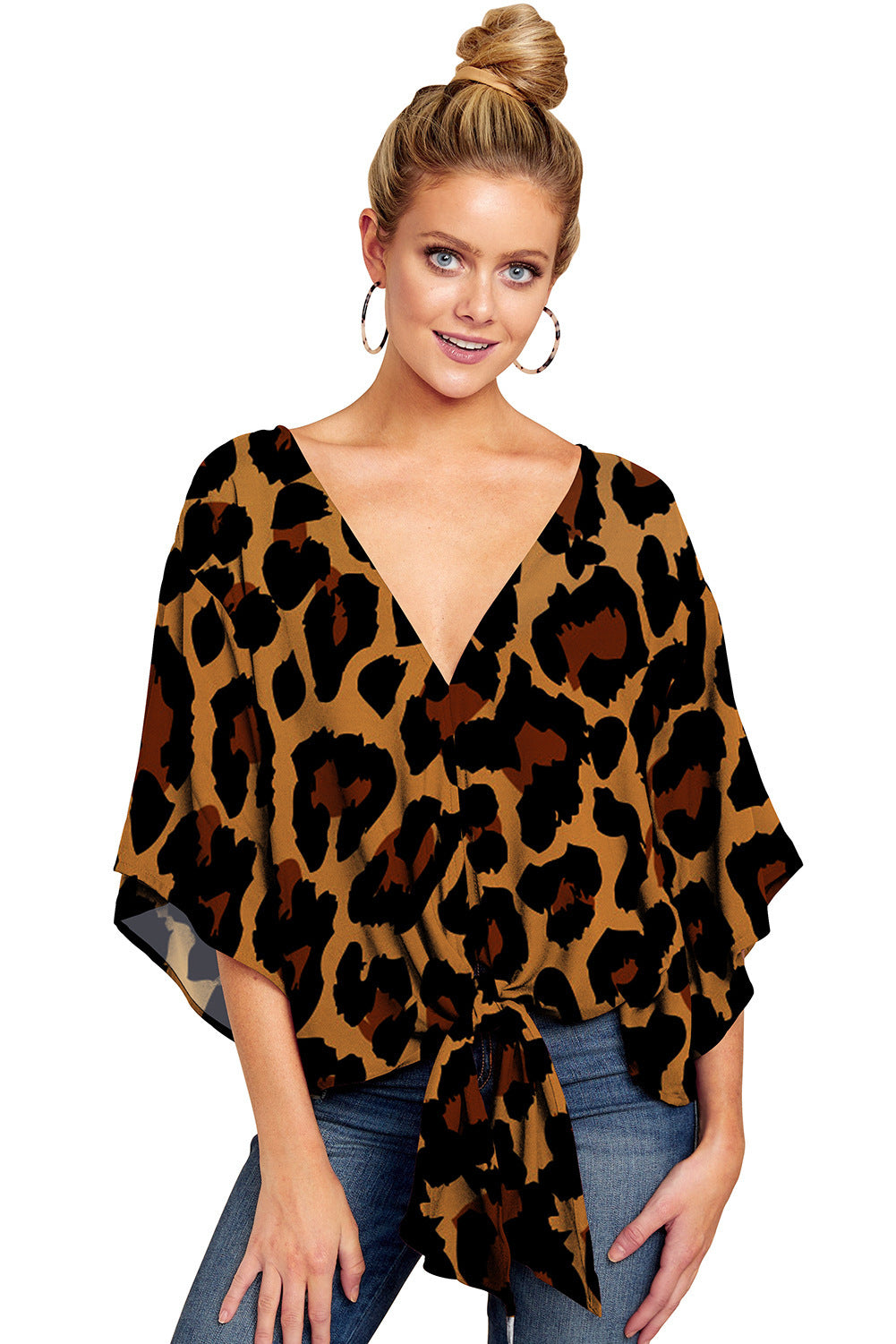 Blouse Leopard Print Shirts Floral Tie Front Blouses Batwing Summer Oversize Ladies Tops
