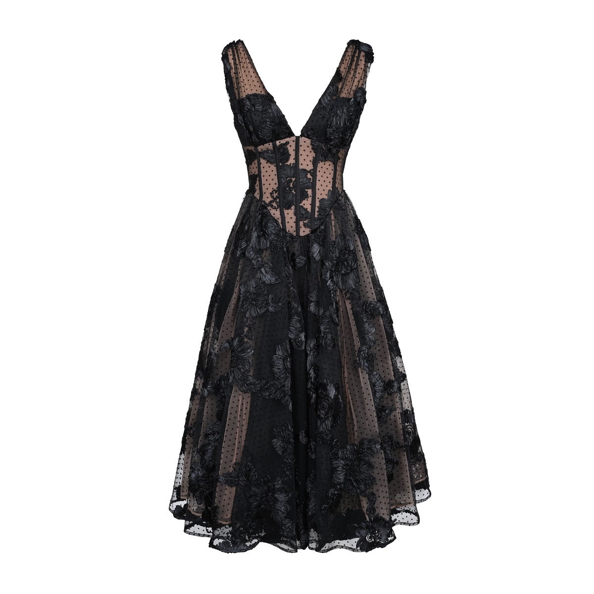 Black Lace Long Dress with Zipper – Mid Waist – XS to XXXL