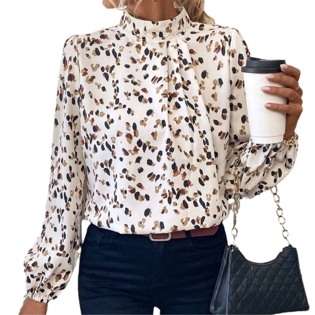 Women's White Lantern Sleeve Blouse Elegant Long Sleeve Polyester Top