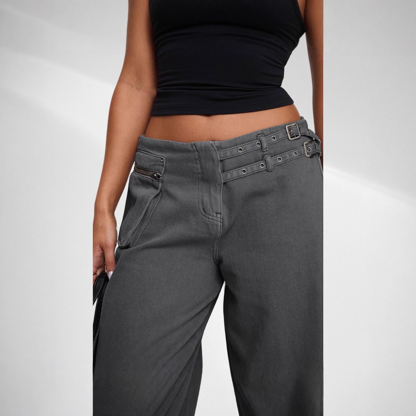 European & American Style Dark Wide-Leg Jeans with Unique Belt Buckle, Asymmetric Pocket, and Trendy Streetwear Vibe