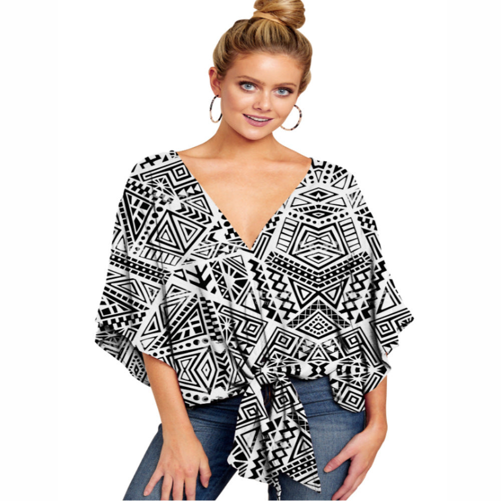 Blouse Leopard Print Shirts Floral Tie Front Blouses Batwing Summer Oversize Ladies Tops