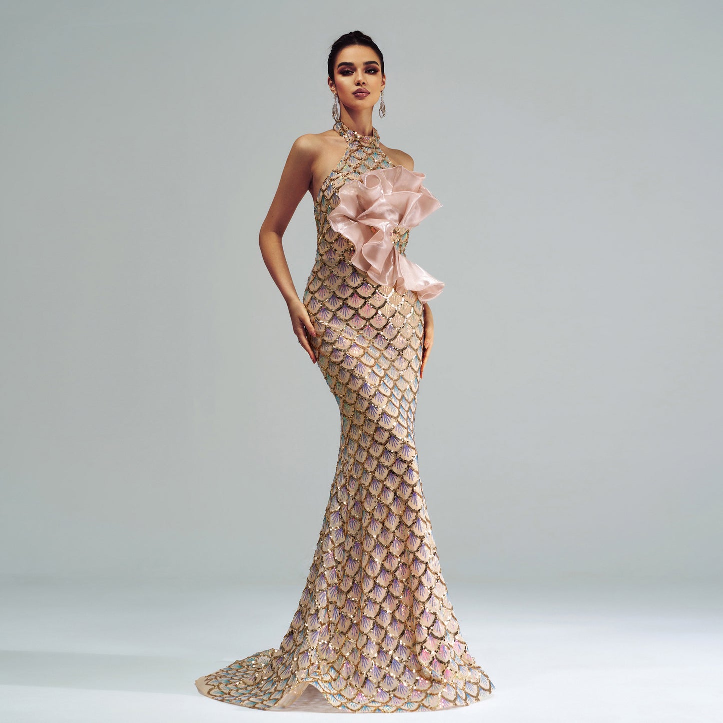Sexy Champagne High-Waist Long Dress – Hip Skirt with Sequins, S–XL