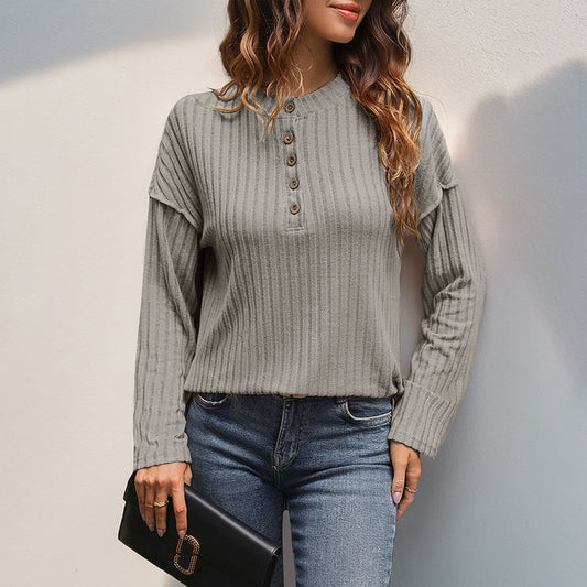 Shop Women’s Khaki Pullover T-Shirt with button detail. Japanese & Korean casual style, soft brushed hollow stripe fabric. Sizes S–XL.